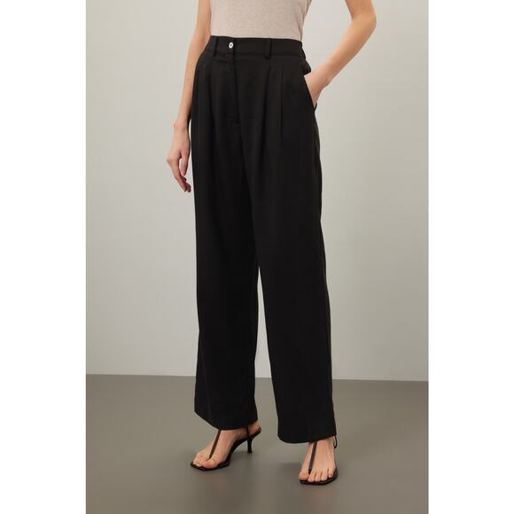 DONNI Black 100% Twill Pleated Front Button Relaxed Trousers Pants Size Medium - Picture 3 of 13